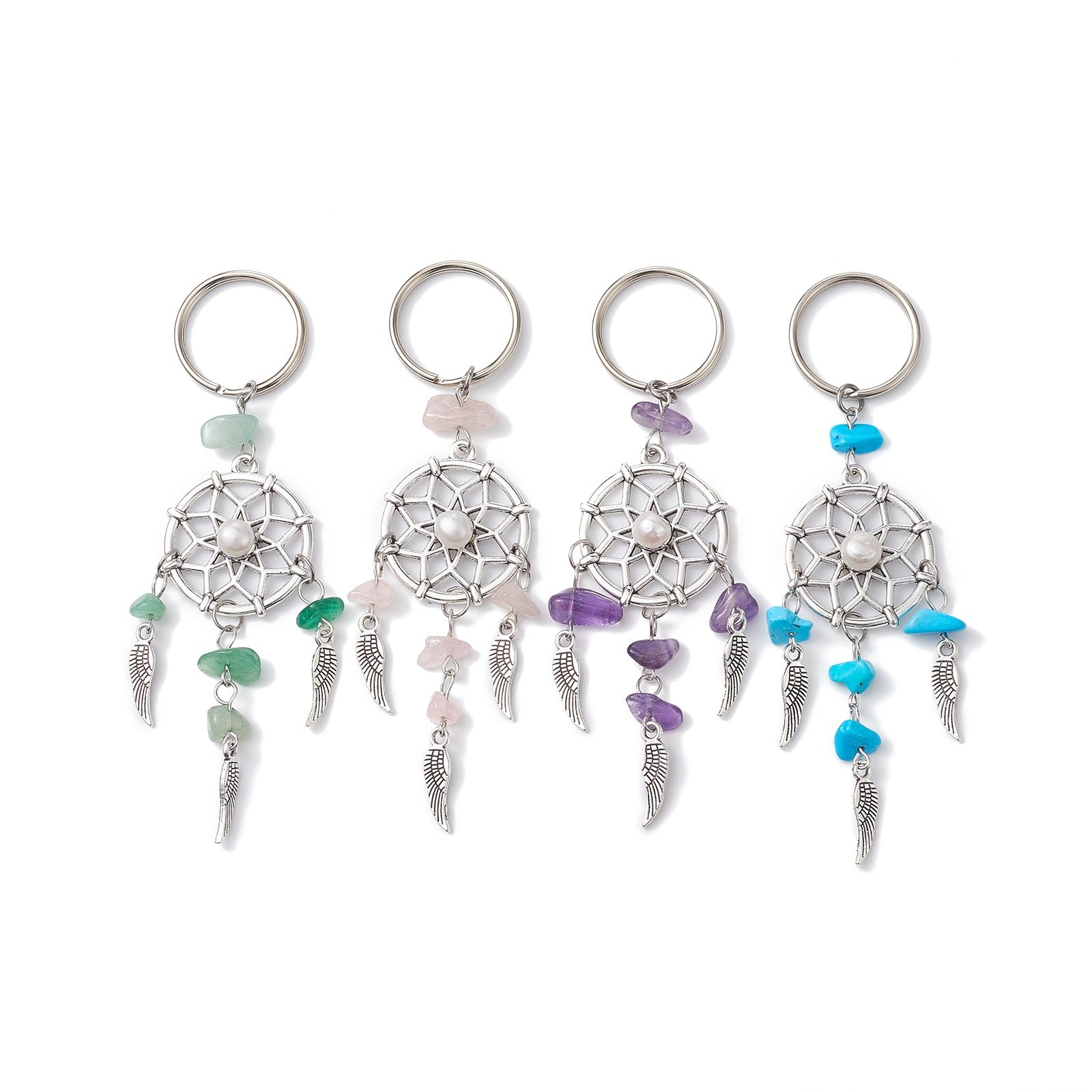 Wholesale Natural crystal stainless steel gravel dream catcher keychain ring pearl DIY tassel pendant