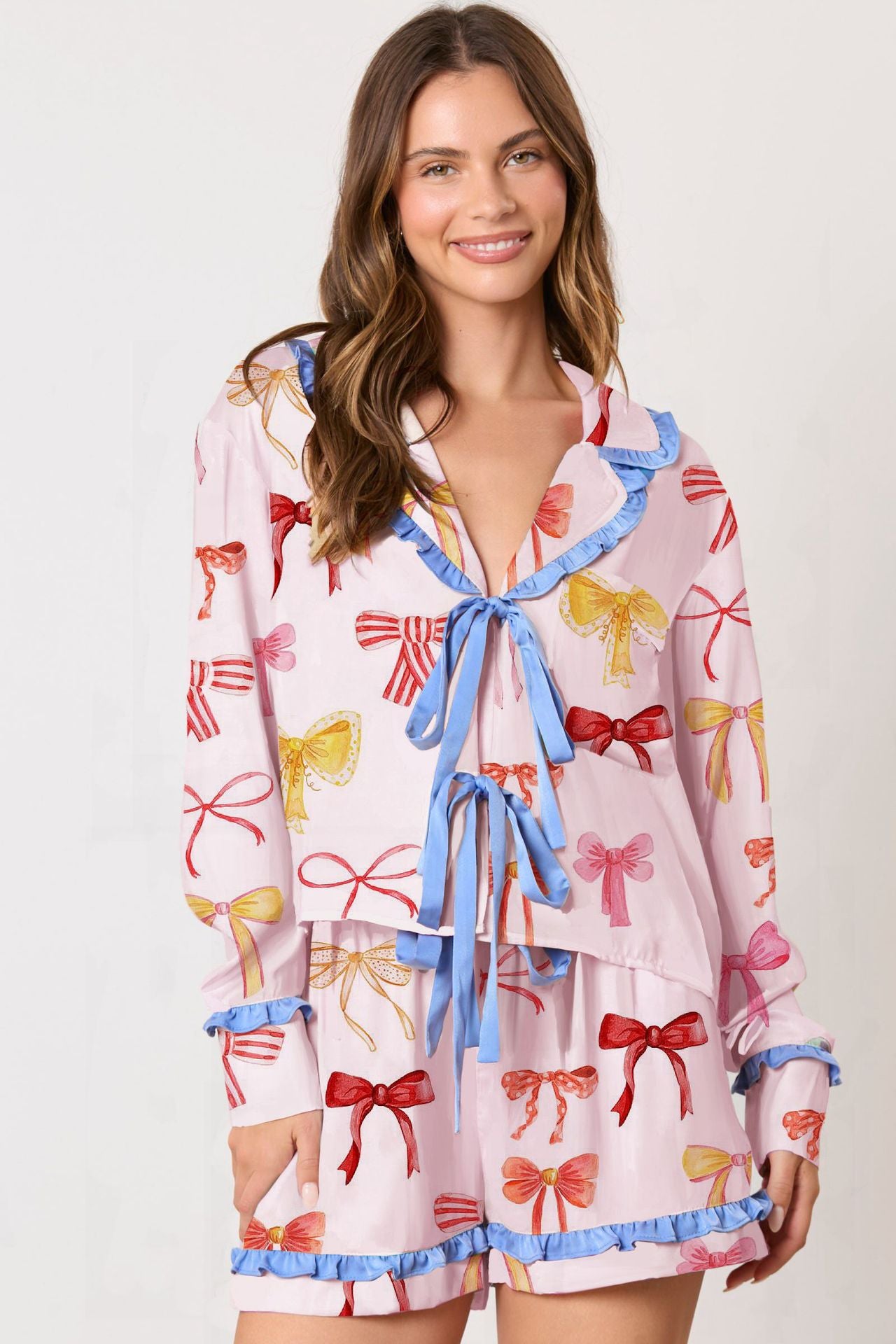 Wholesale Thin Print Valentine's Day Ruffle Long Sleeve Two-Piece Pajama Casual Set