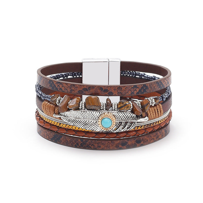 Wholesale Bohemian Feather Leather Turquoise Magnet Clasp Bracelet