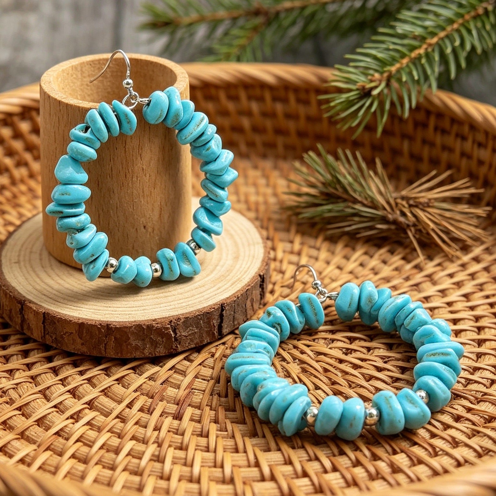 Wholesale Retro Western Turquoise Blue Bead Circle Earrings Bohemian Irregular Jewelry Accessory For Women