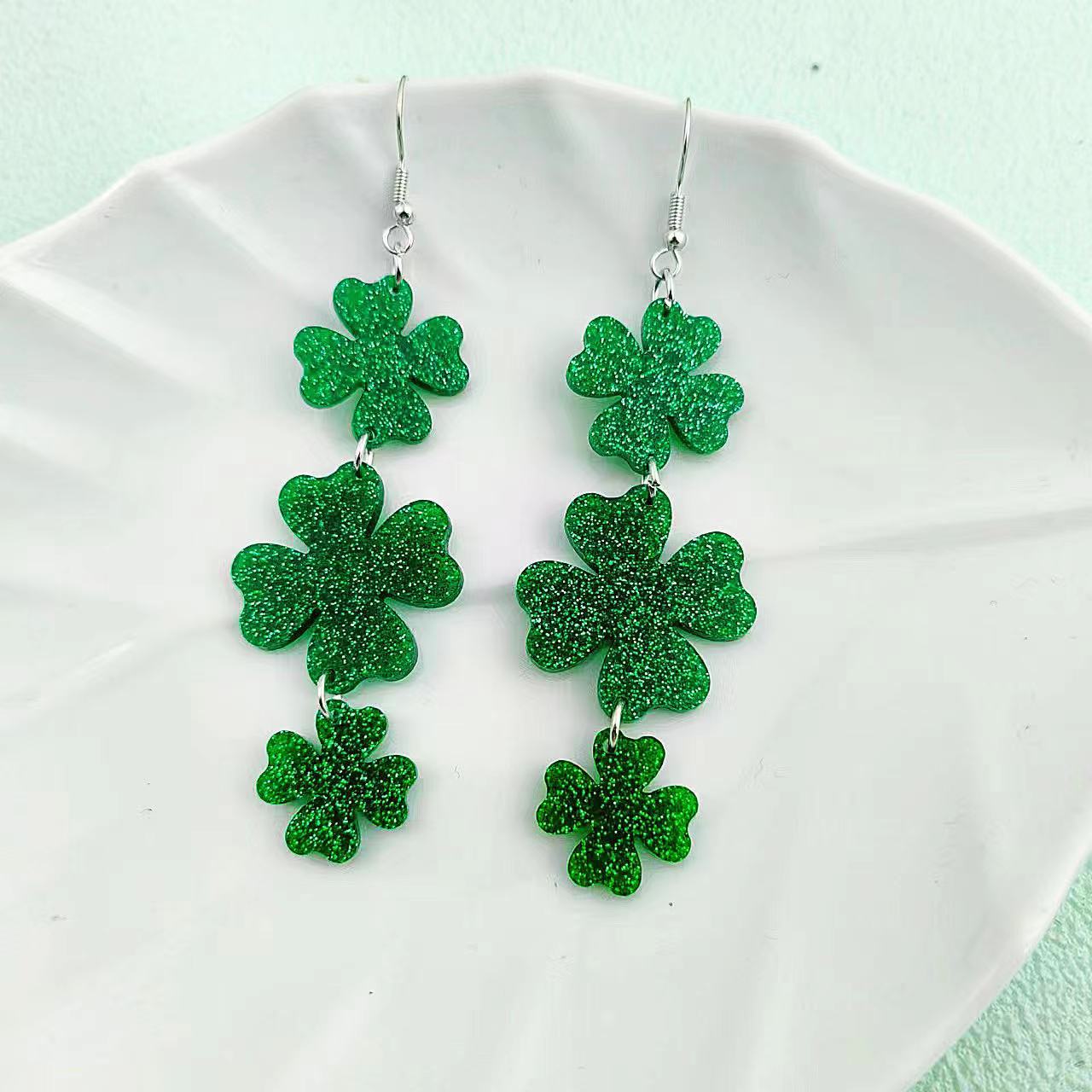 Wholesale St. Patrick's Day Earrings Mardi Gras Glitter Four Leaf Clover Acrylic Earrings