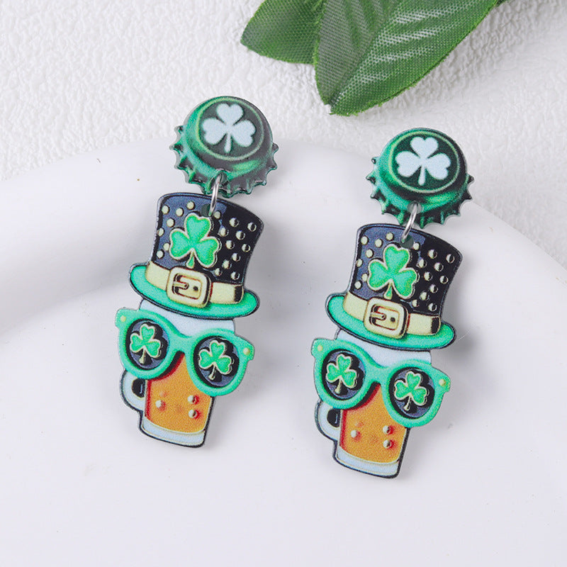 Wholesale St.  Patrick' s  Green AB Beer Acrylic  Clover Earrings