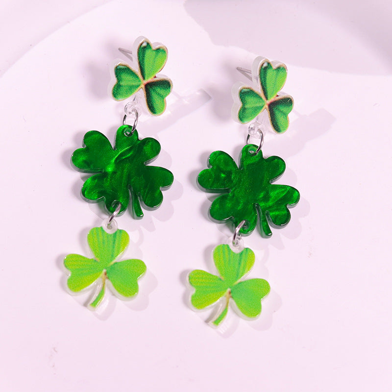 Wholesale St.  Patrick' s  Green AB Beer Acrylic  Clover Earrings