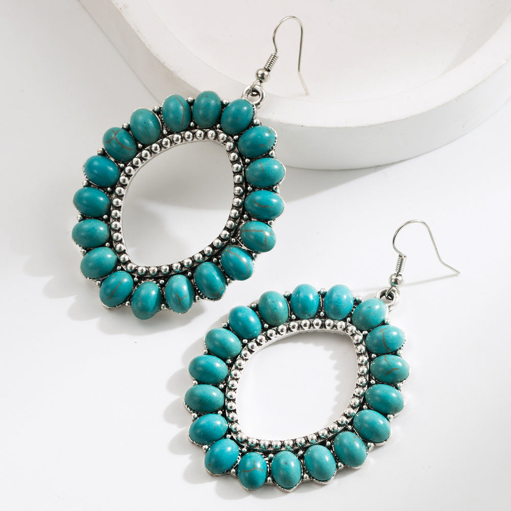 Wholesale Exaggerated Vintage Oval Turquoise Hollow Leopard Leather Earrings