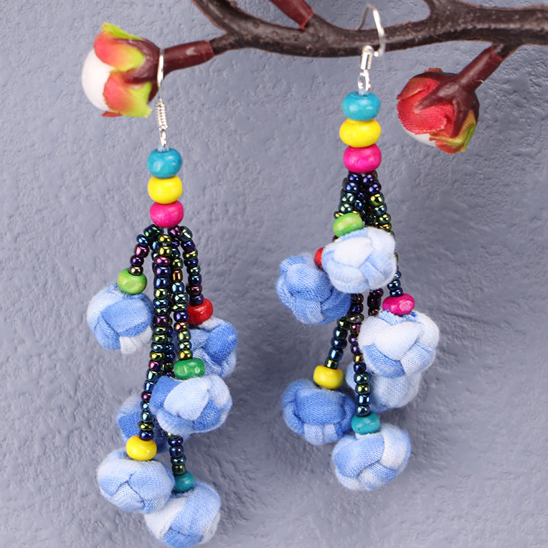 Wholesale Tie-dye blue dye earrings earrings ethnic style buckle flower blue earrings tie-dye earrings