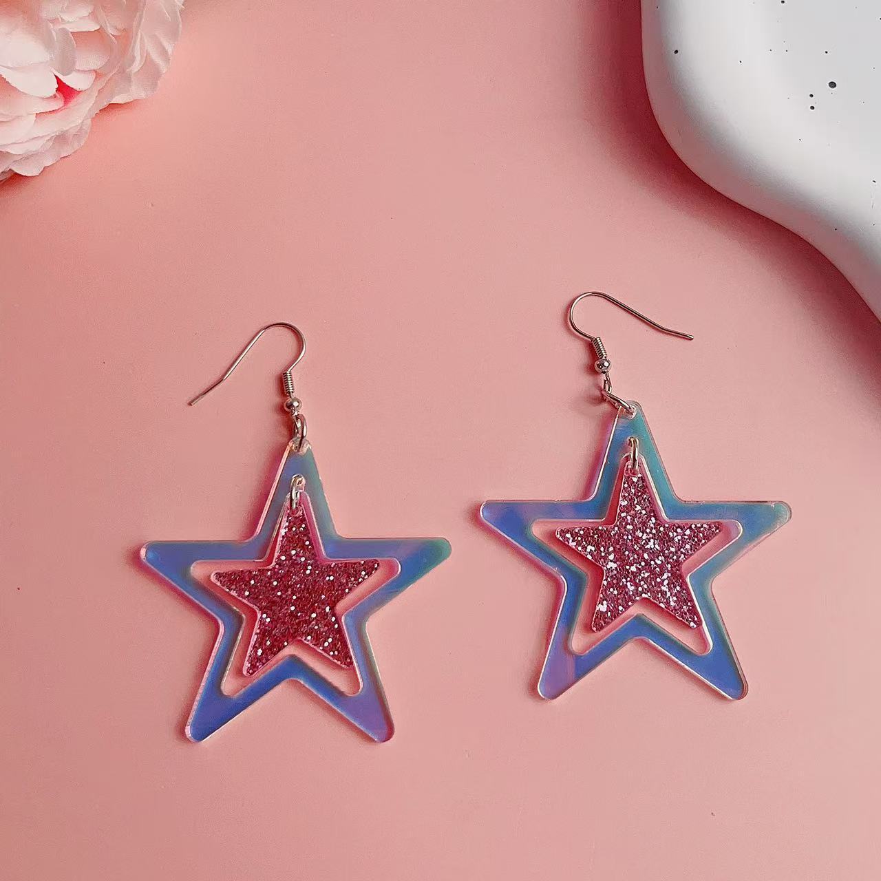 Wholesale Acrylic Laser  Five-Pointed Star Earrings Cut Out Star Earrings