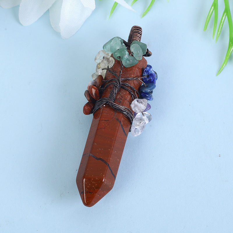Wholesale Crystal Raw Stone Hexagonal Column Wrapped Copper Wire Tree of Life Colorful Gravel Pendant Necklaces