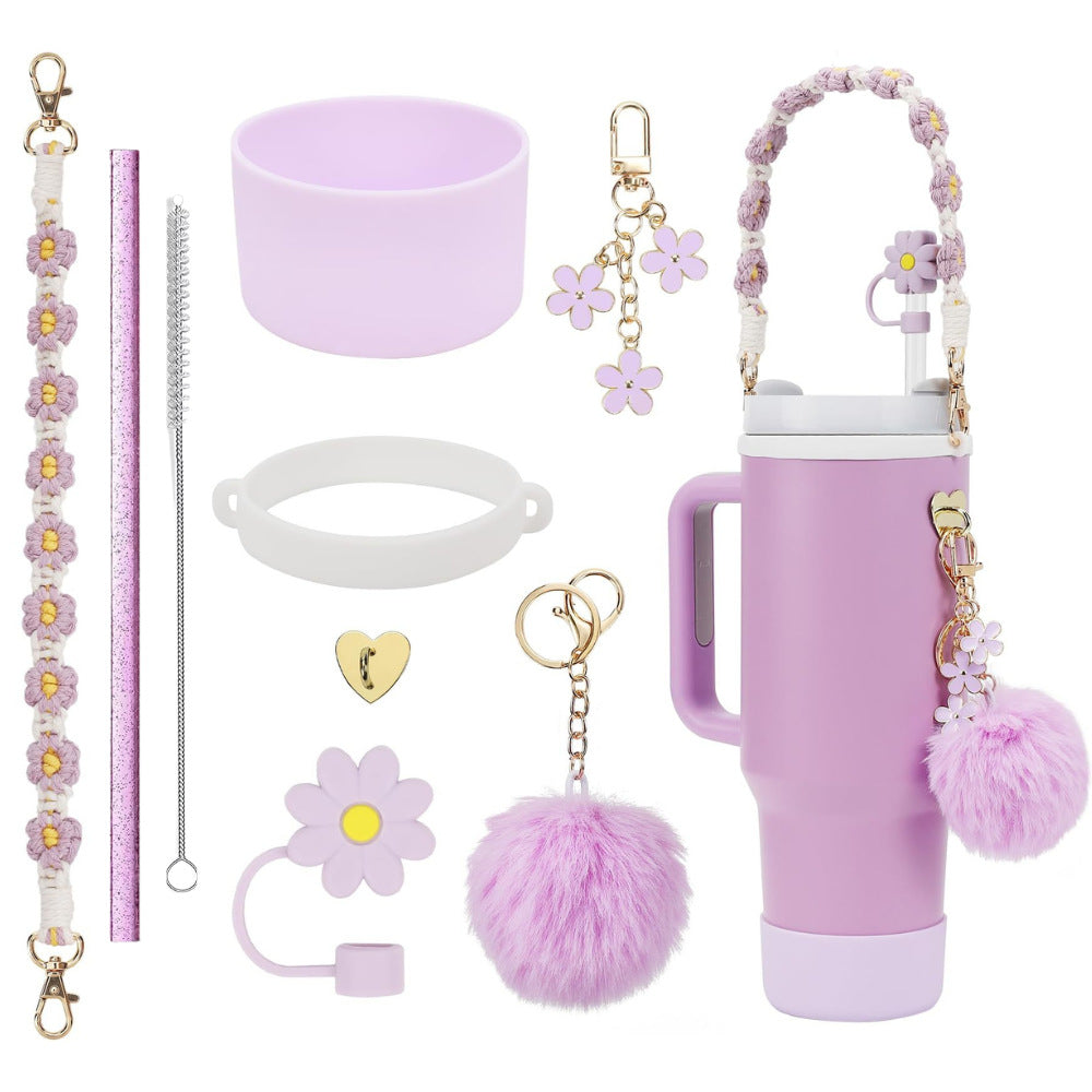 Wholesale Colorful straw accessories handmade cup chain plush love flower set