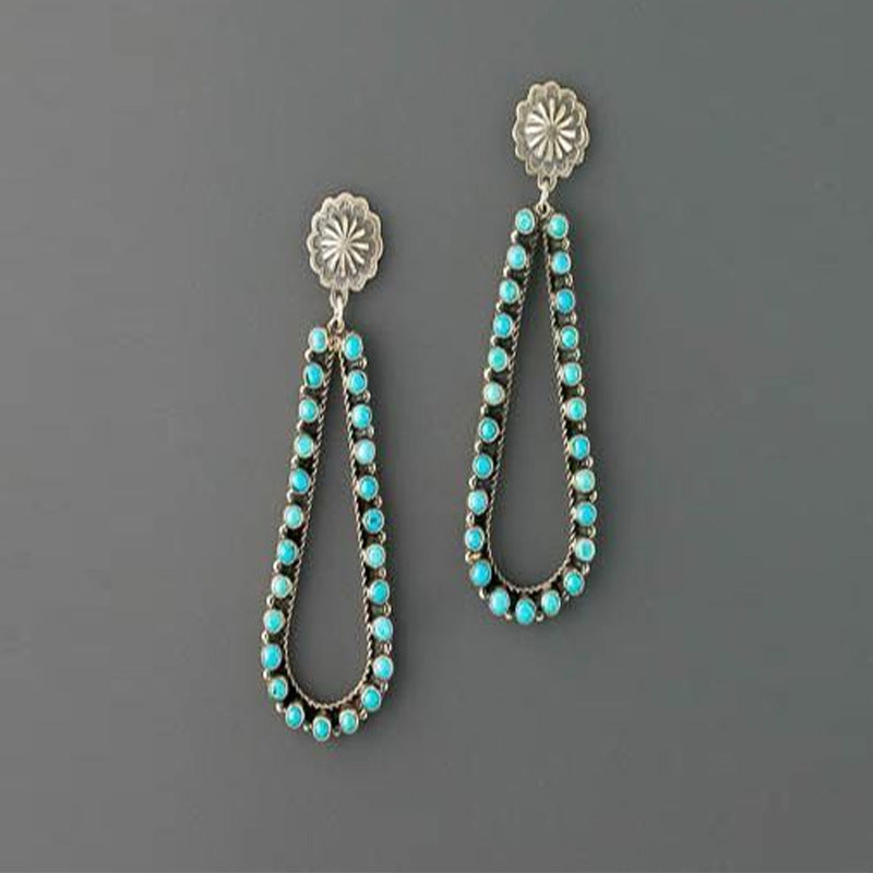 Wholesale Vintage Water Drop Hollowed Out Inlaid Turquoise Alloy Earrings