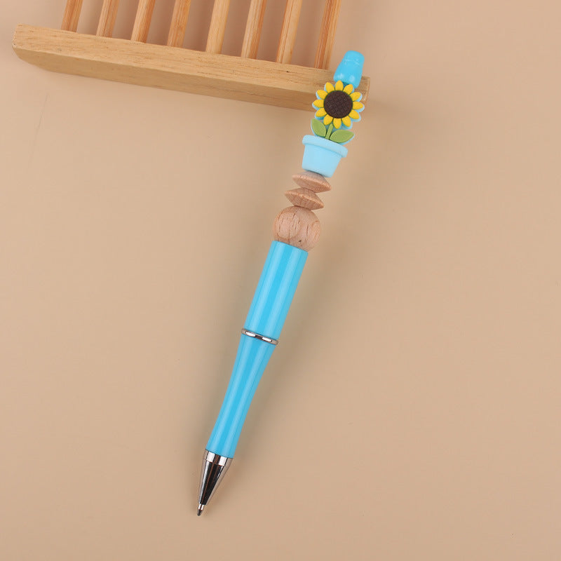 Wholesale Handmade Beadable Cartoon Sunflower Silicone Bead Wooden Bead Ballpoint Pen