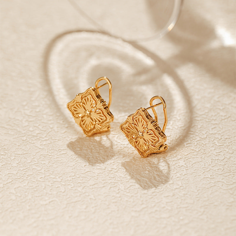 Wholesale Engraved Lace Vintage Square Gold Plated Earrings