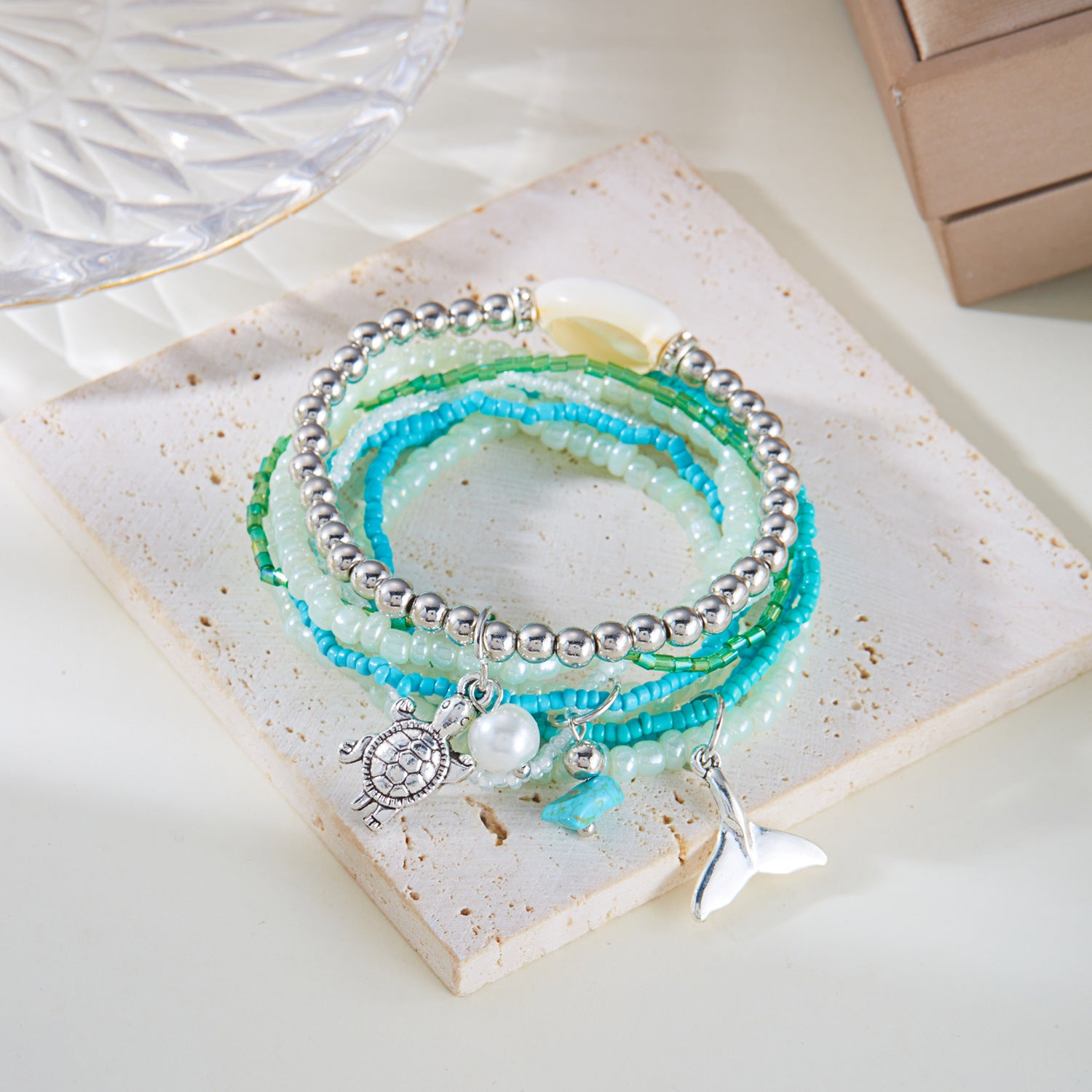 Wholesale Bohemian Ocean Shell Turtle Fishtail Rice Bead Bracelet Set