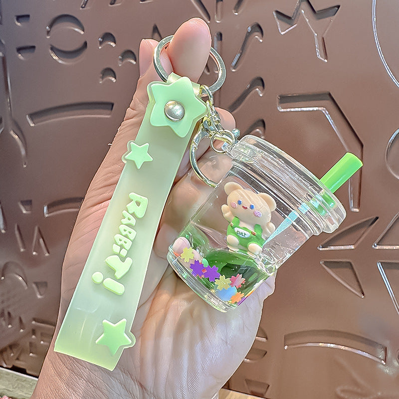 Wholesale Floating Bottle with Oil Sitting Bear Milk Tea Cup Acrylic Transparent Keychain