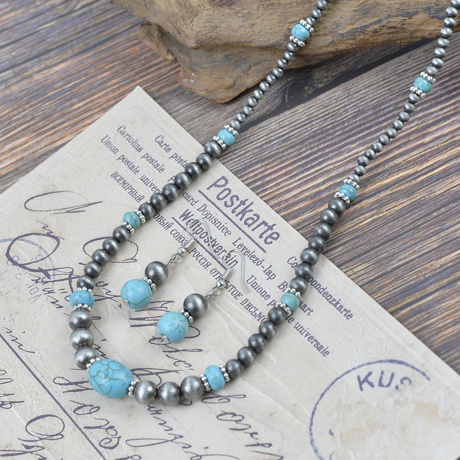 Wholesale Boho Turquoise Necklace Earrings Set Geometric Antique Silver Beaded Jewelry Trendy Fashion Accessory For Gift Resale
