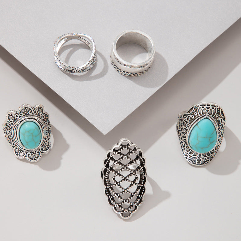 Wholesale 2 Sets turquoise cross 5pcs/set ring suit wide-brimmed ring