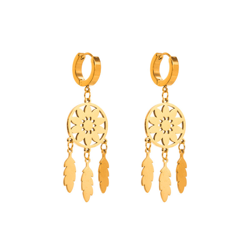 Wholesale Fashion Titanium Steel 18k Gold Dream Catcher Tassel All-match Oil Drop Eyes Stainless Steel Earrings