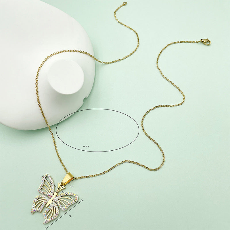 Wholesale Titanium Steel Colored Rhinestone Two-tone Butterfly Pendant Necklaces