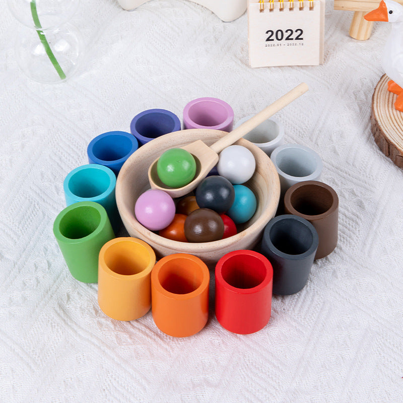 Wholesale Children's New Puzzle Fun 12 Color Ball and Cup Color Classification Wooden Toy Clip Bead Color Recognition Matching Toy