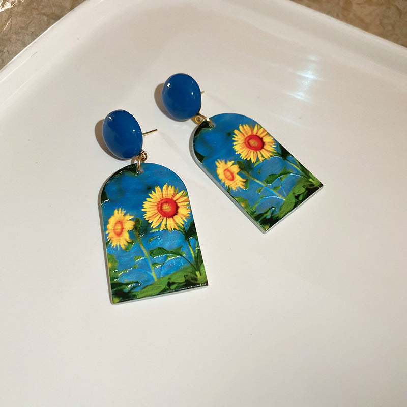 Wholesale Silver Needle French Oil Painting Sunflower Earrings