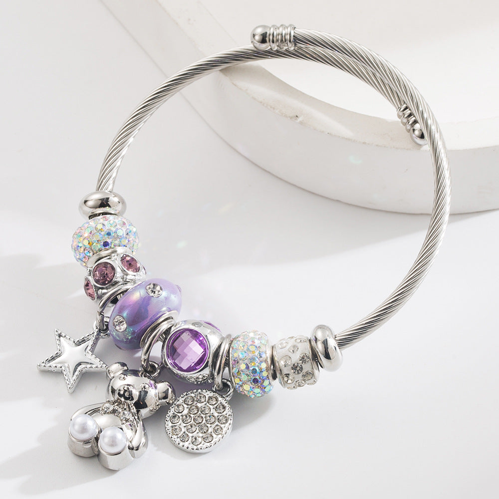 Wholesale  New Style Personalized Creative DIY Bear Star Round Stainless Steel Bracelet Alloy Diamond Adjustable Bracelet