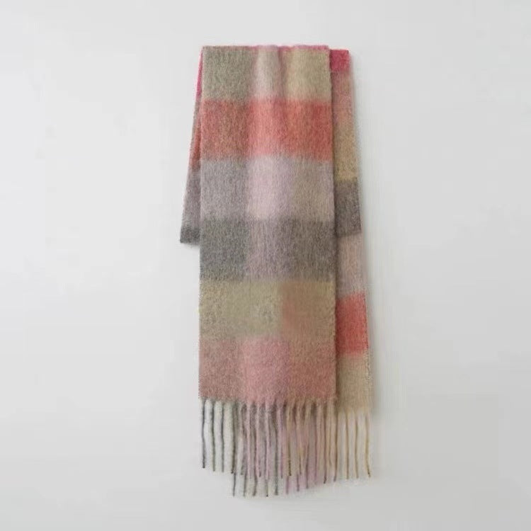 Wholesale Winter Ac Double Sided Rainbow Plaid Long Color Block Tassel Polyester Scarf