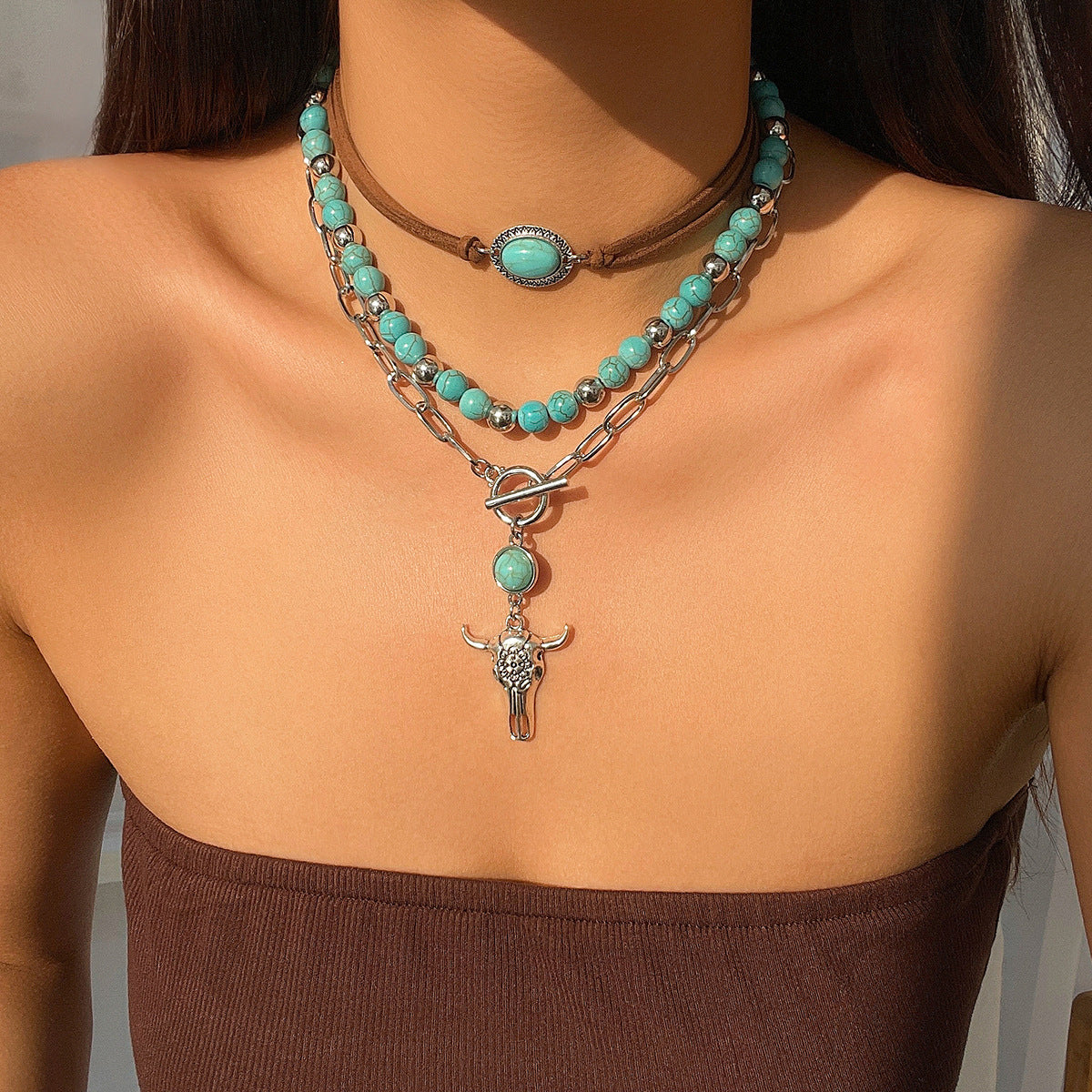 Wholesale Vintage Imitation Turquoise Sweater Chain Beaded Necklace Set