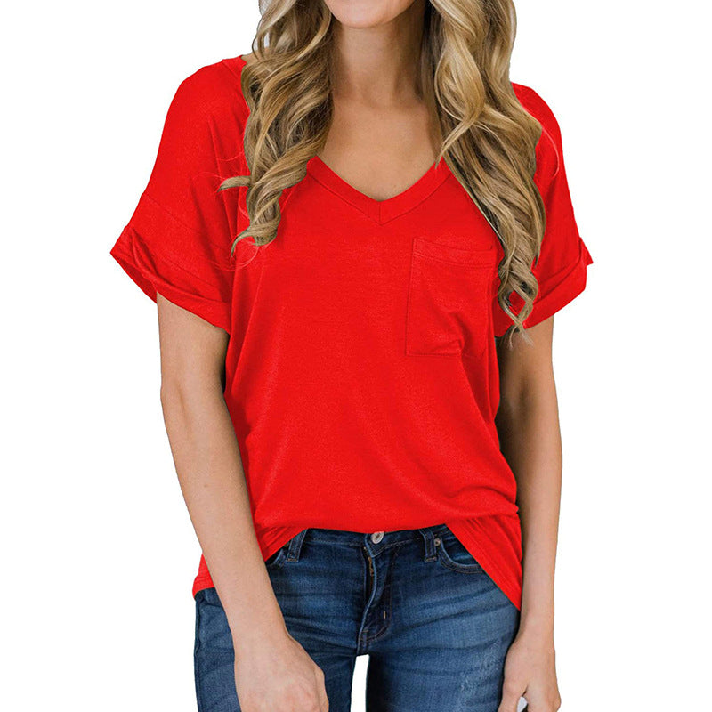 Wholesale Women's Summer Loose Casual V-neck Polyester Short Sleeves