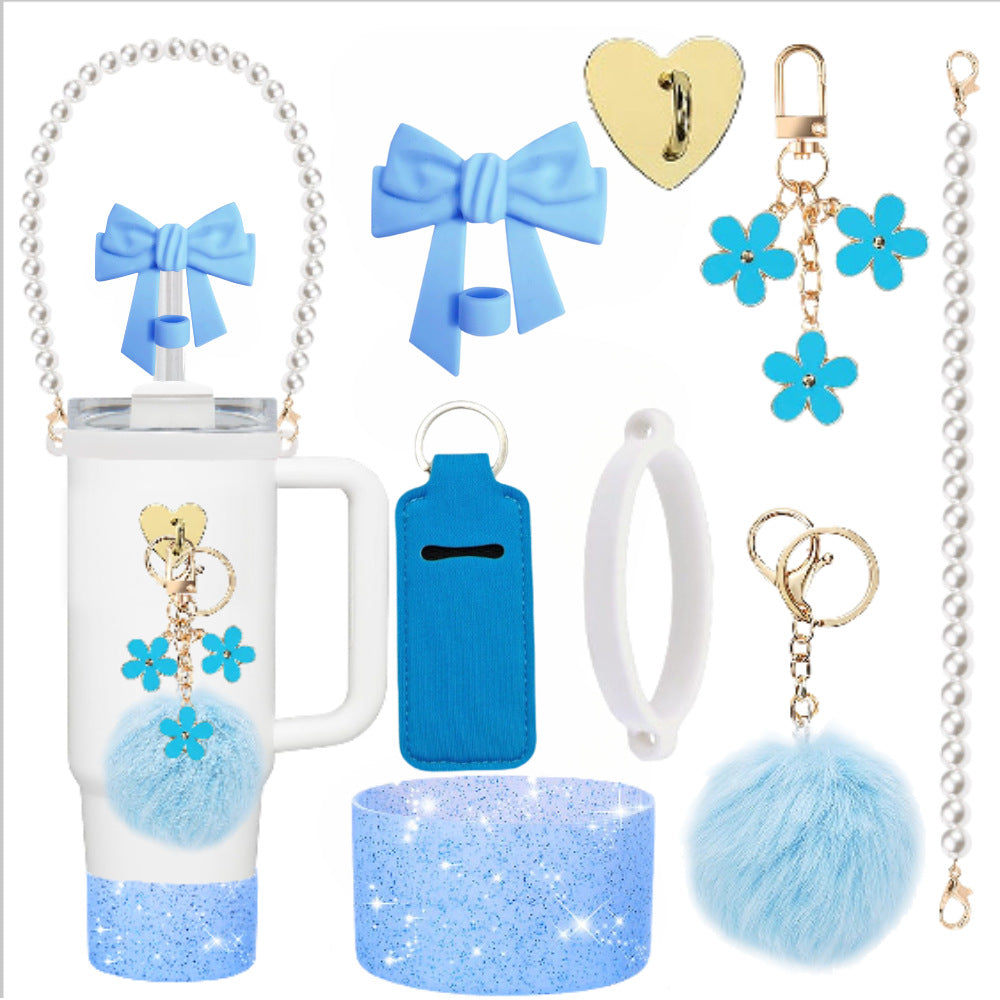 Wholesale mug accessories portable chain bow straw decorative silicone cup set cup chain flower pendant