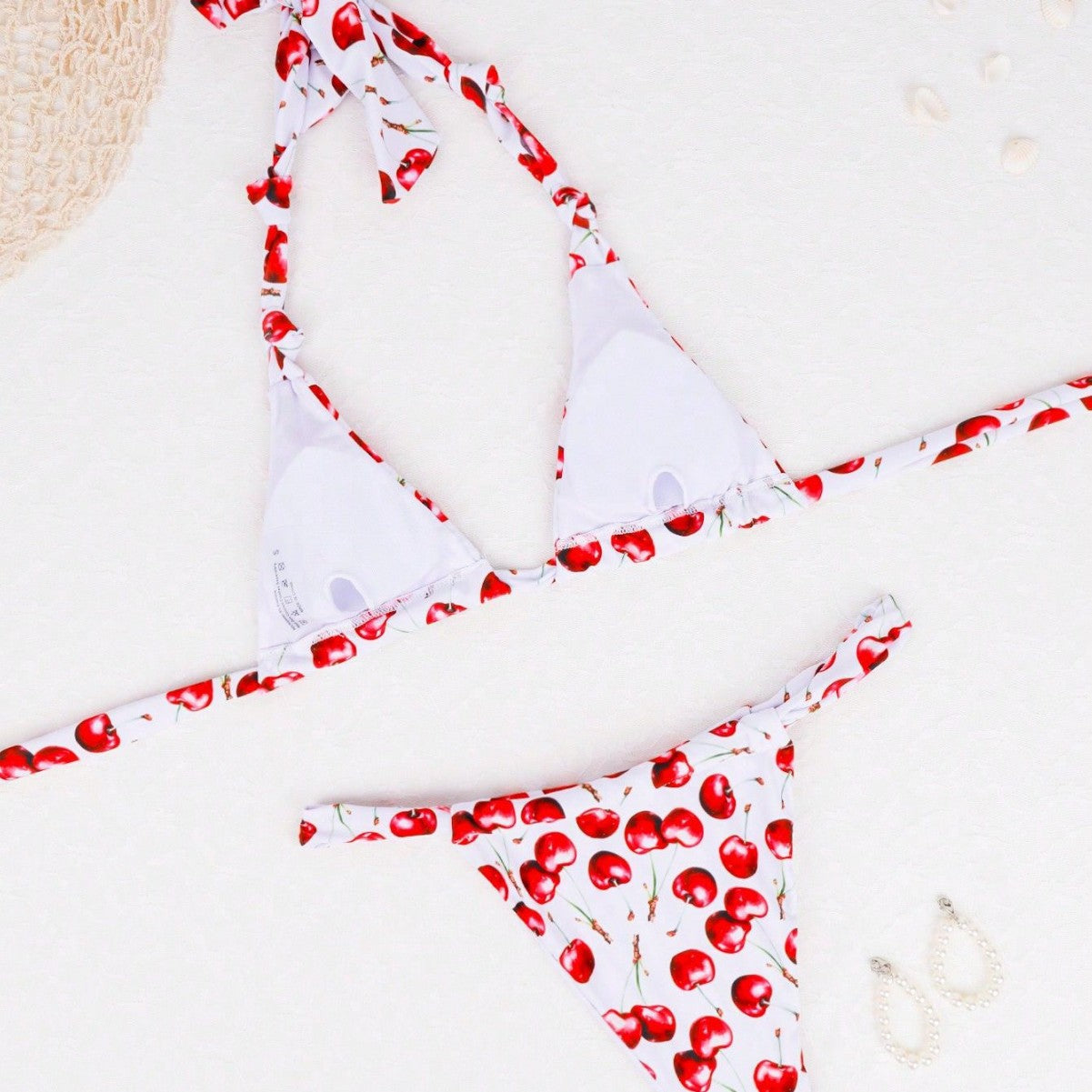 Wholesale Cherry print swimsuit double strap triangle bag swimsuit two piece set