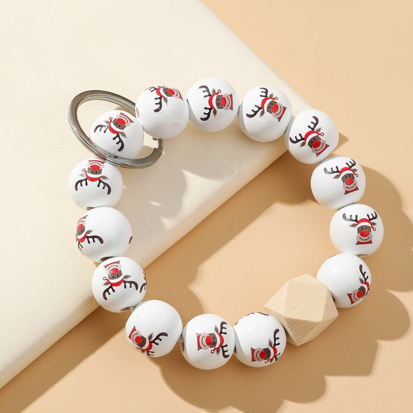 Wholesale Christmas Elk Wooden Beaded Wrist Keychain