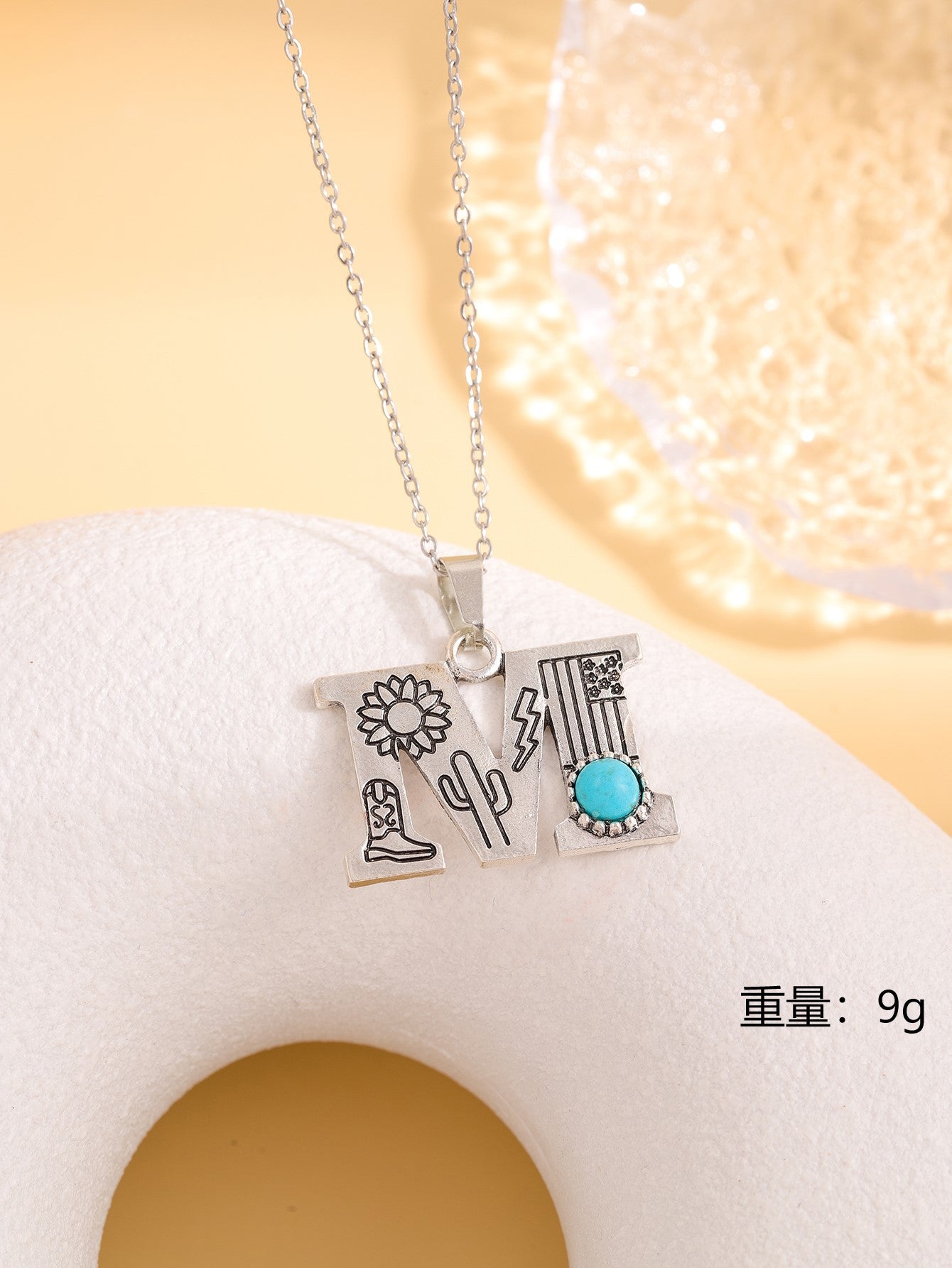 Wholesale Western stainless steel chain cactus turquoise letter necklace