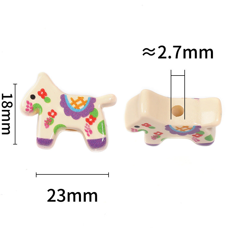 Wholesale 100pcs DIY Cute Cream Wooden Horse Acrylic Printed Vertical Hole Beads
