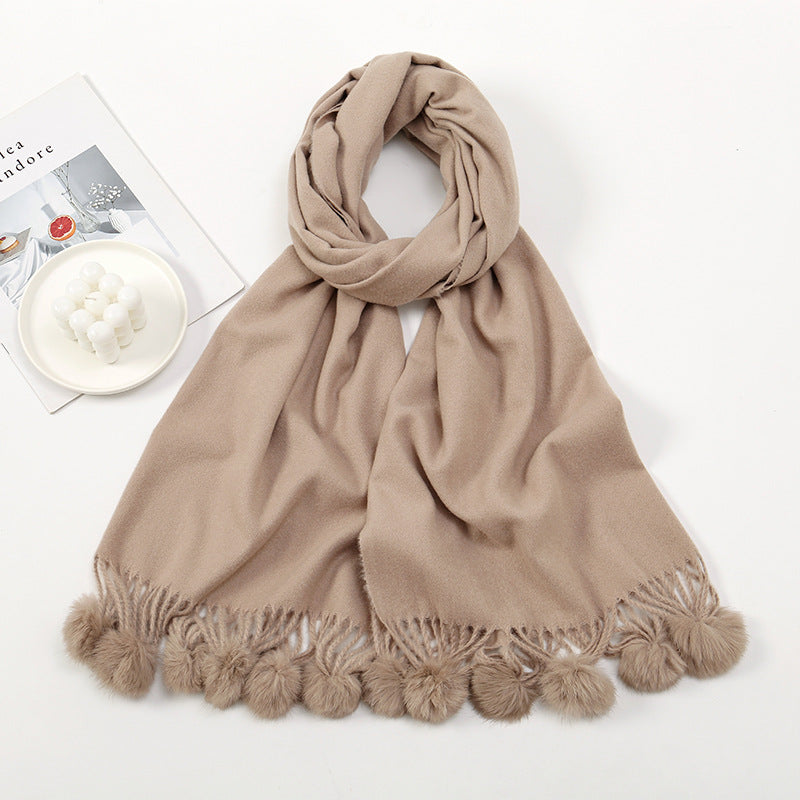 Wholesale Autumn and Winter Imitation Cashmere Scarves, Solid Color Tassel Wool Ball and Plush Necklaces