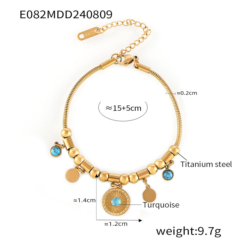 Wholesale Blue turquoise medal necklace titanium steel gold-plated bracelet