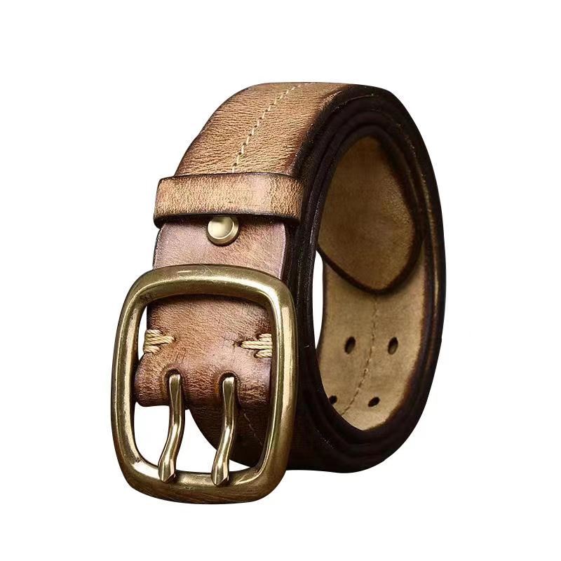 Wholesale Retro Trendy Distressed Double Pin Buckle Genuine Leather Belt