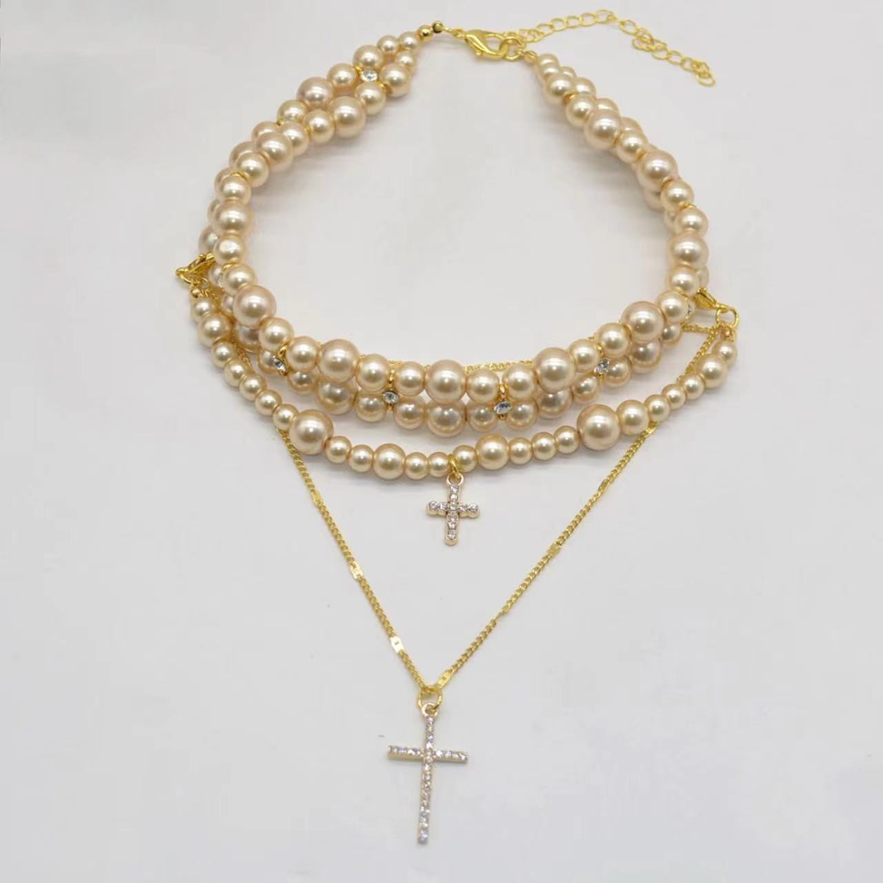 Wholesale Diamond-encrusted multi-layer pearl cross sweater necklace