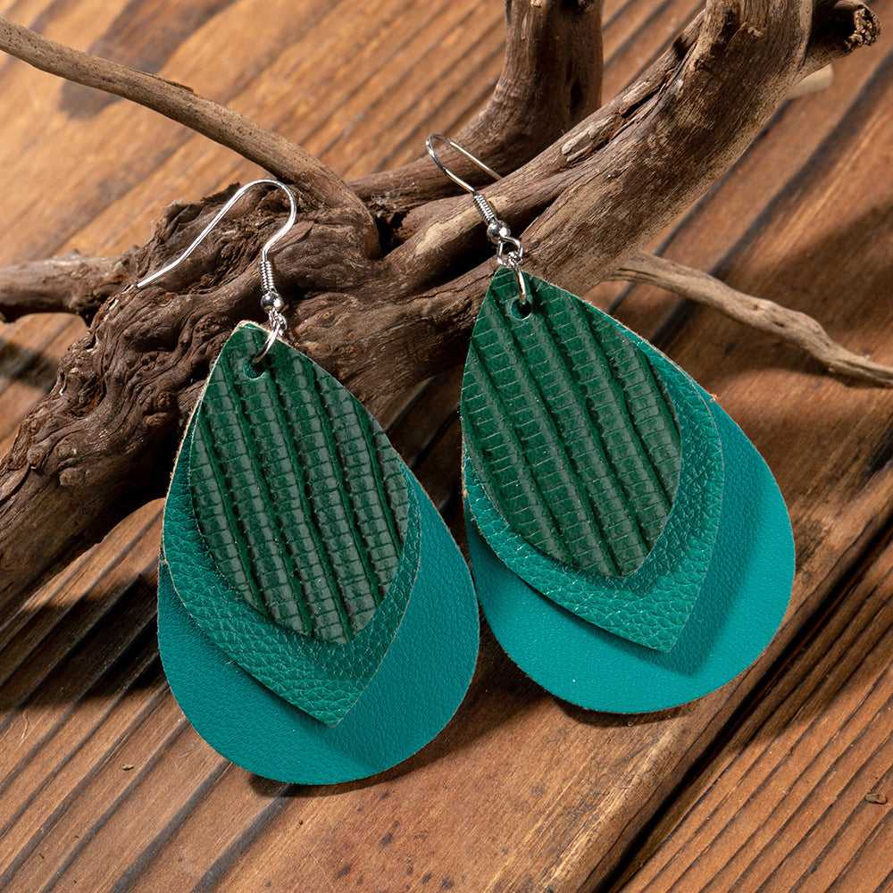 Wholesale Multi-layer Water drop Leaf Earrings PU Leather