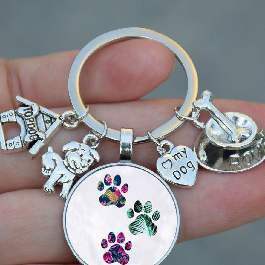 Wholesale 5pcs Dog Bowl Love My Dog Time Gemstone Keychain Pet Lover Key