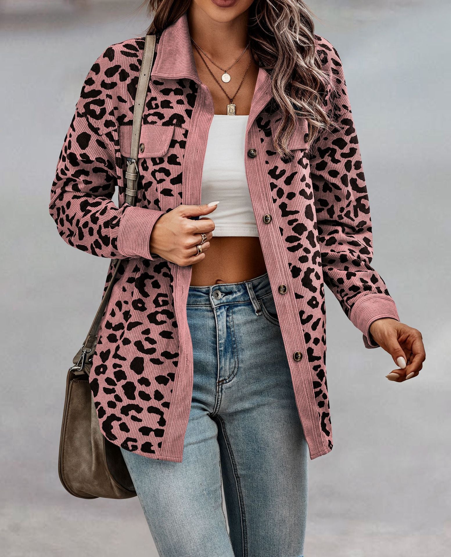 Wholesale Fashion Leopard Print Button Long Sleeve Jacket Coat