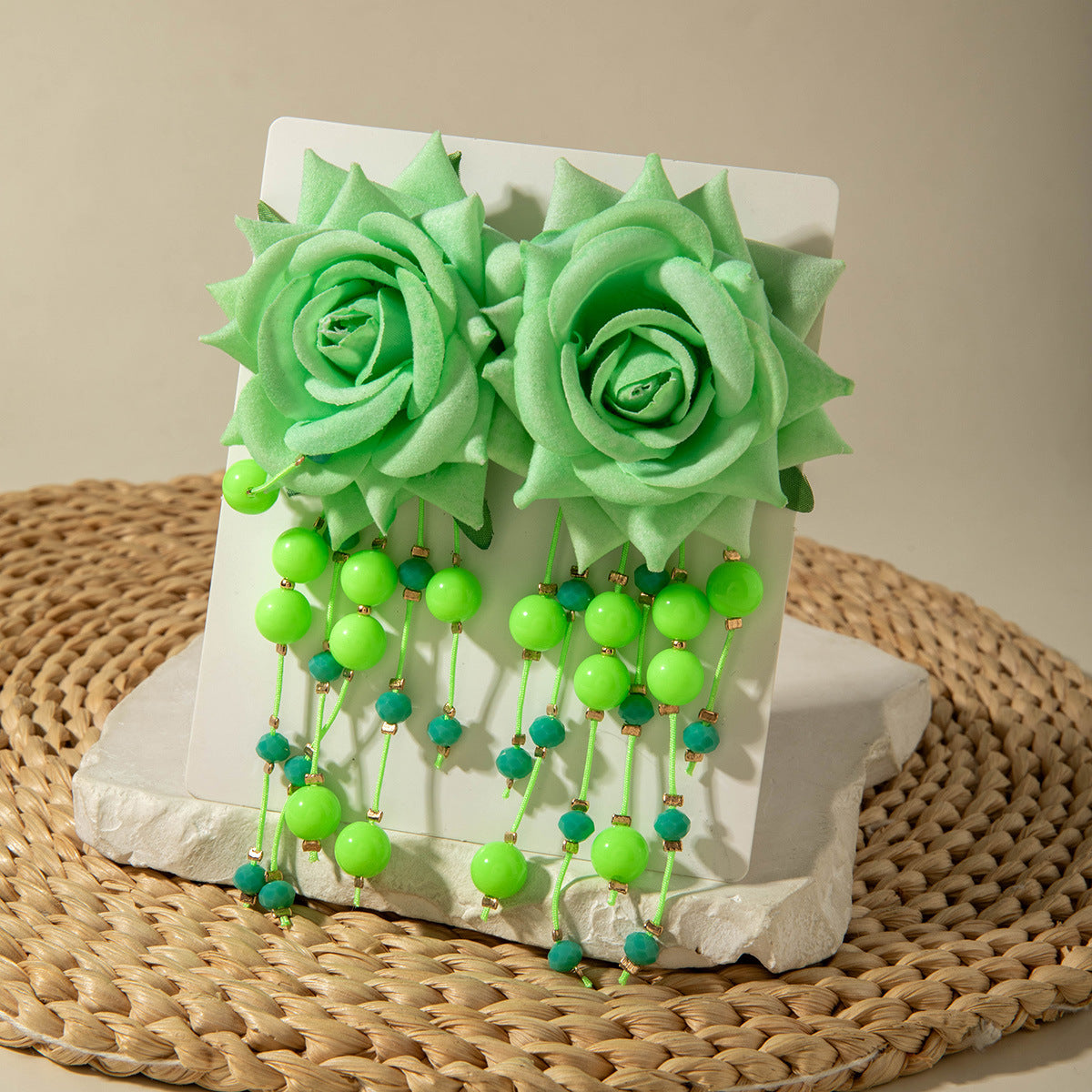 Wholesale Fabric flower tassel beaded earrings