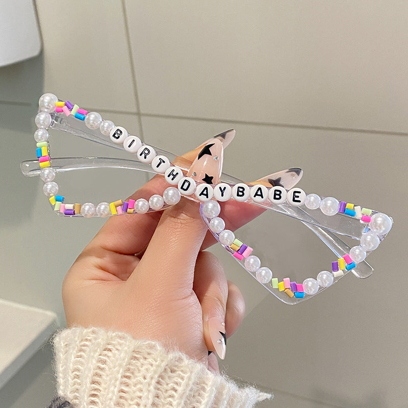 Wholesale Full Diamond Bow Colored Small Frame Birthday Letter Sunglasses