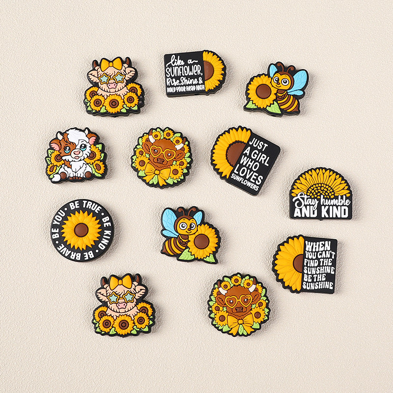 Wholesale 20pcs/pack cartoon highland cow silicone beads diy suit mix food grade daisy sunflower silicone beads