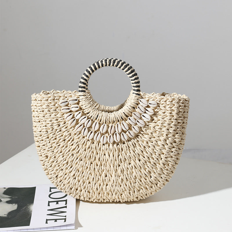 Wholesale Handmade Straw Woven Bags in The Shape of Semi-circular Shells