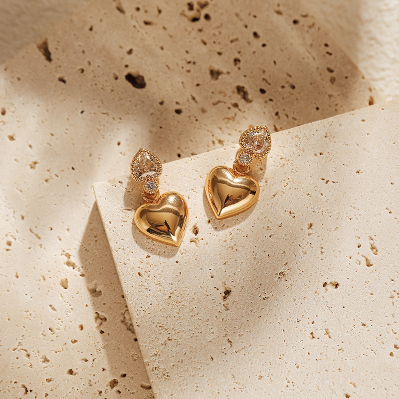 Wholesale Love S925 Silver Needle Inlaid Zircon Gold Plated Earrings