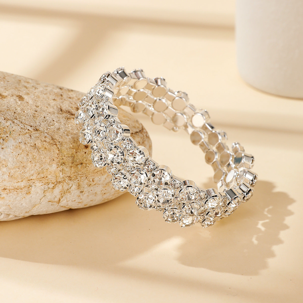 Wholesale Double Row Rhinestone Open Bangle Bracelet Silver Tone Stylish Wedding Jewelry Accessory For Party And Everyday Wear