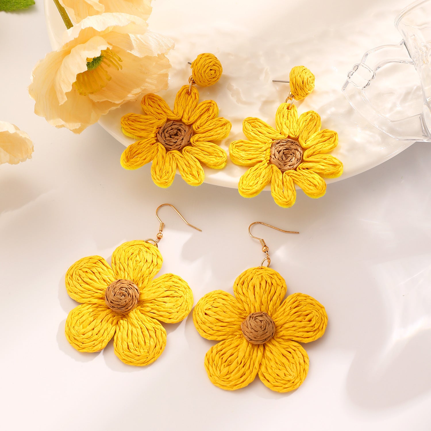 Wholesale Trendy Summer Vacation Hand Knit Raffia Flower Earrings For Women Golden Yellow Fashion Accessory Resale Gift