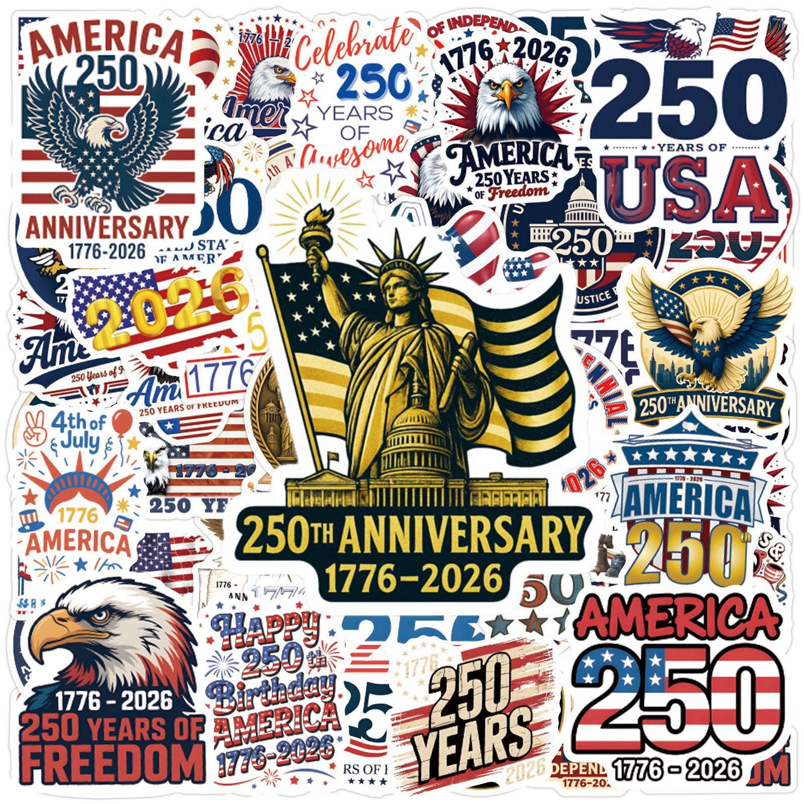 Wholesale 55 Cute U.S. Independence Day 250th Anniversary Waterproof Vinyl Stickers