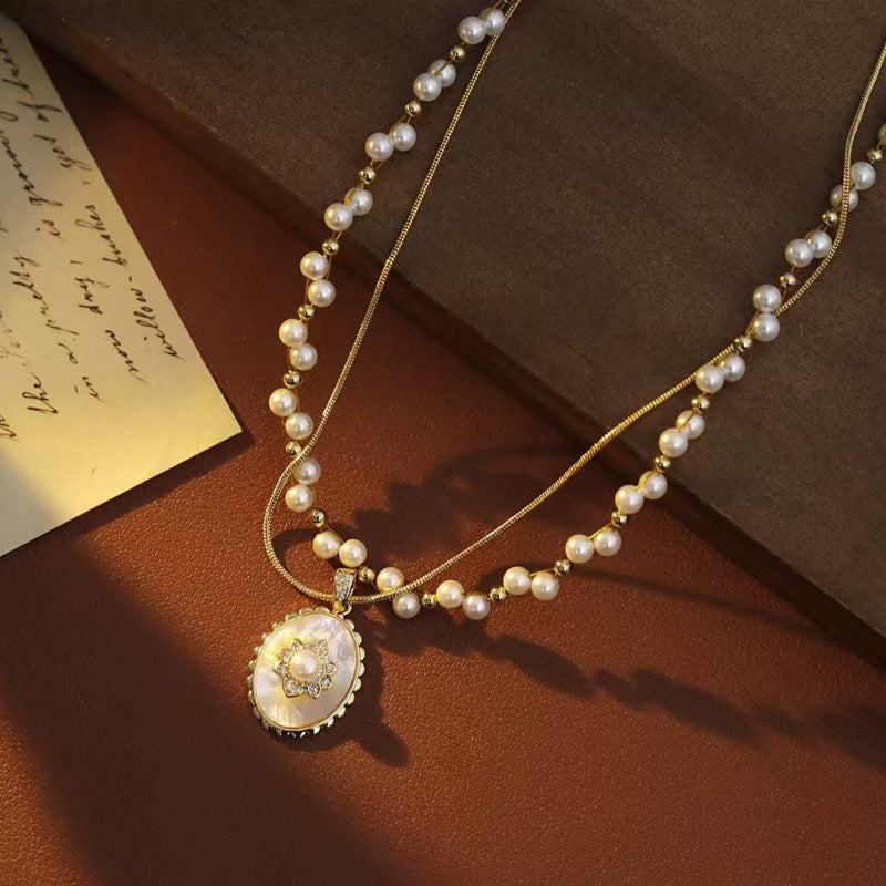 Wholesale Rose flower double pearl necklace clavicle chain