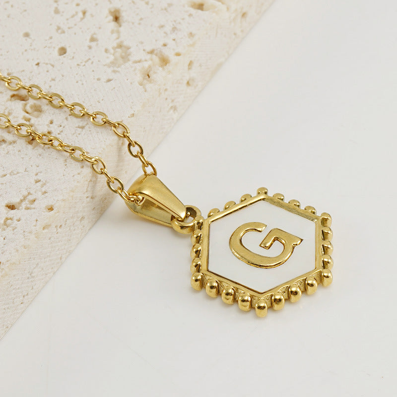 Wholesale Stainless Steel Plated Hexagonal Natural Shell Letter Pendant 18K Necklace