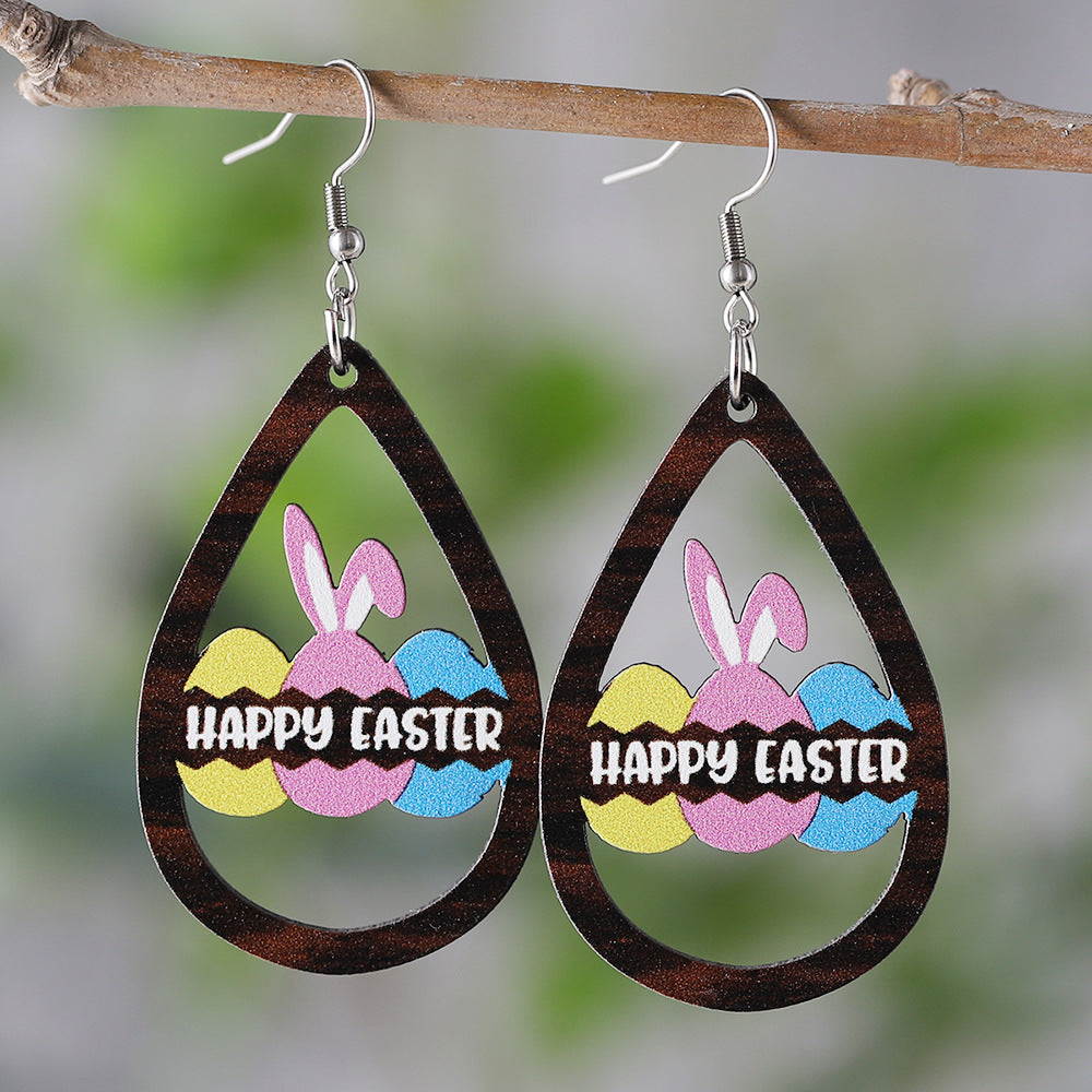 Wholesale Easter Water Drop Hollow Rabbit Double sided Wooden Earrings